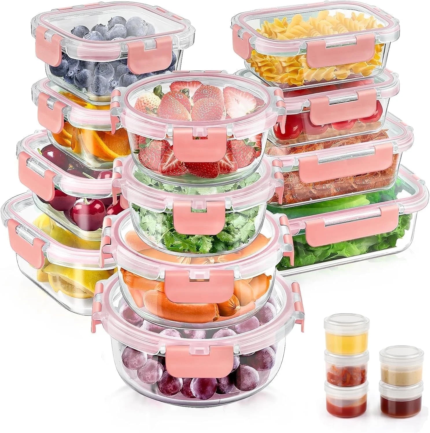 34Pcs Glass Food Storage Containers with Lids Set, Airtight Meal Prep Containers (17 Containers & 17 Lids), Pink