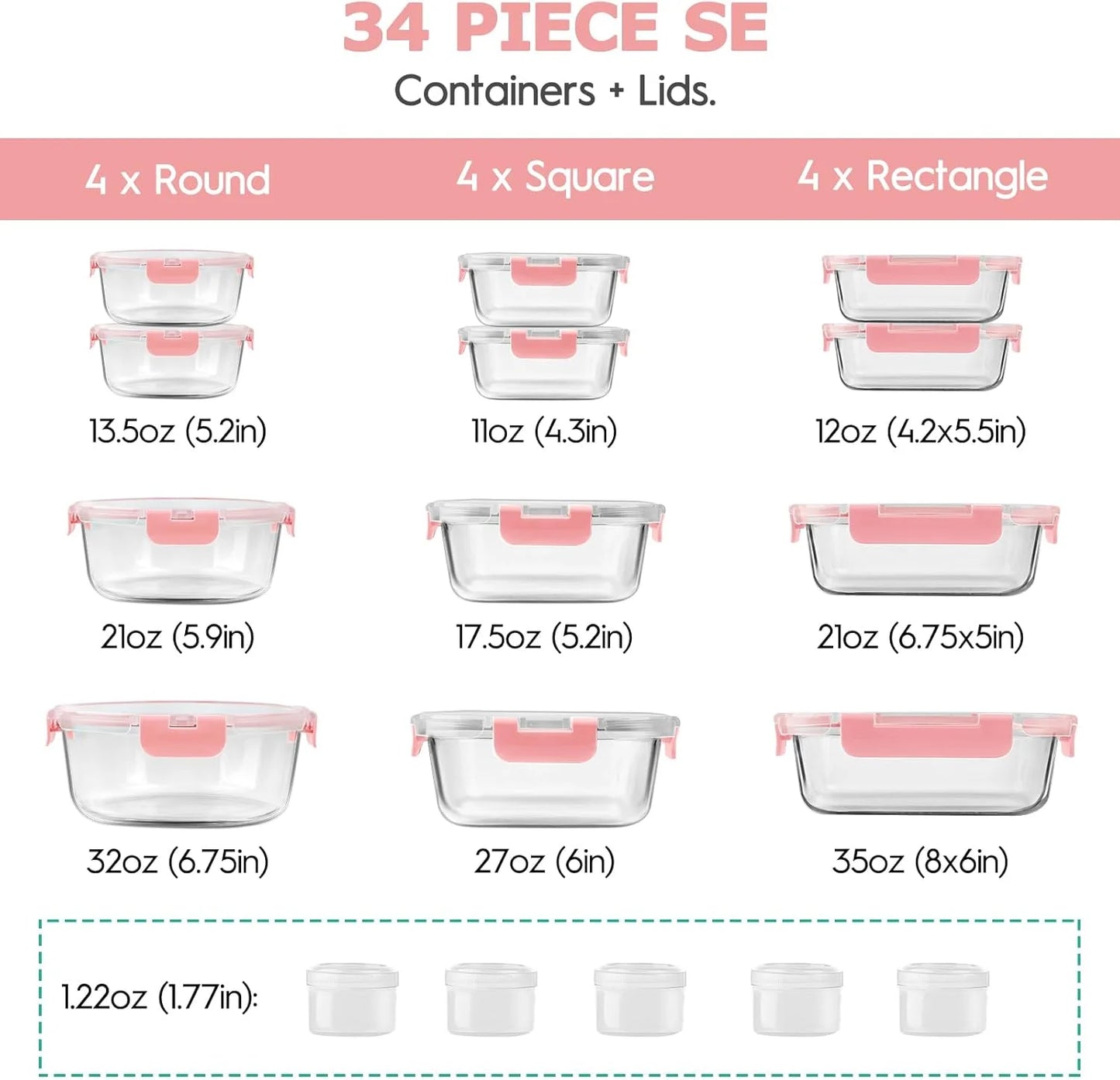 34Pcs Glass Food Storage Containers with Lids Set, Airtight Meal Prep Containers (17 Containers & 17 Lids), Pink